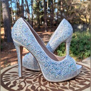 Lauren Lorraine Rhinestone Studded Stiletto Heel Peep Toe Sandals Size 8